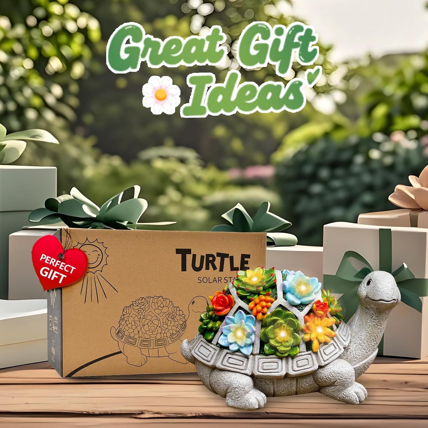 Nacome Solar Garden Outdoor Statues Turtle with Succulent and 7 LED Lights